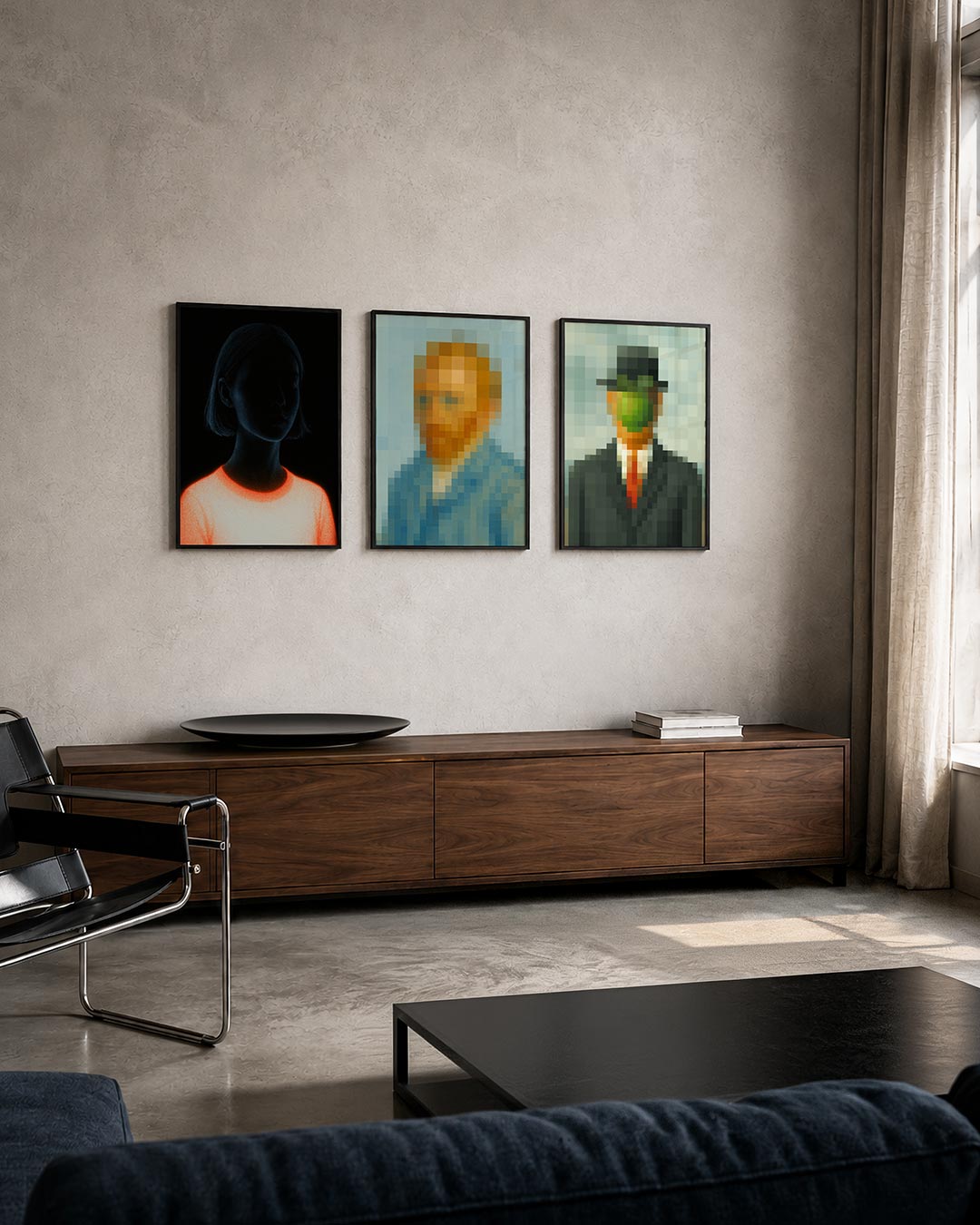 Licht en schaduw posterset – tweede productweergave – een silhouet in blauw en zwart met een feloranje gloed rond