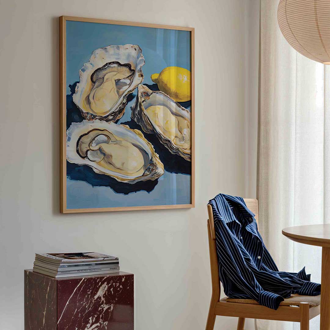Oesters en citroen – kleurrijke illustratie poster in staand formaat