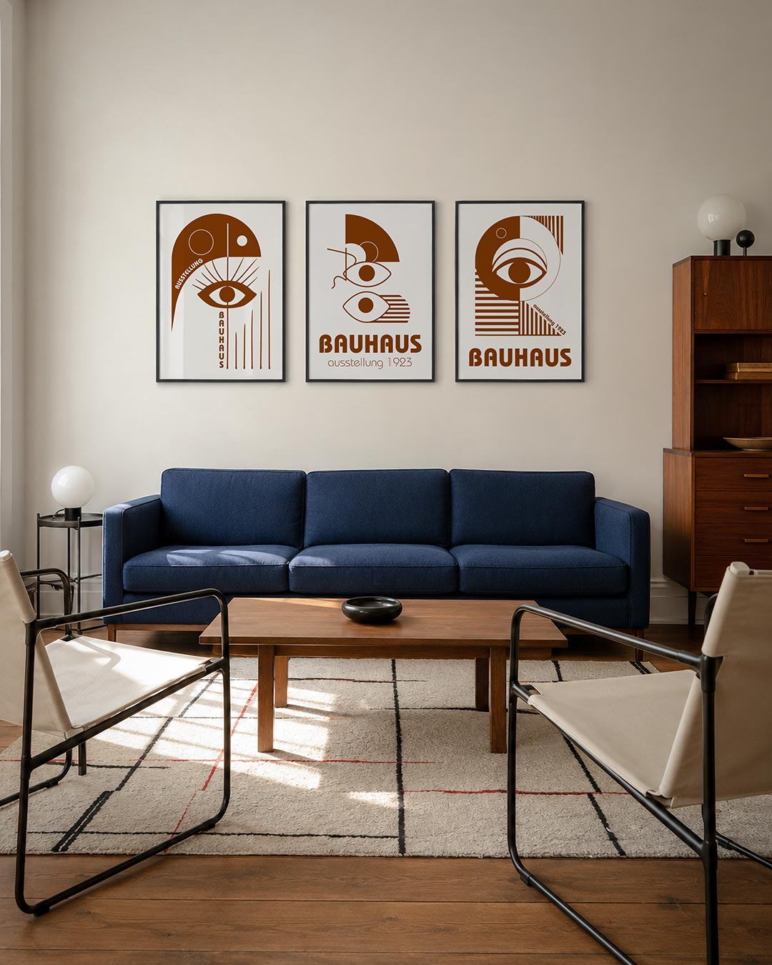 Oog en lijnen driedelige posterset – een bruin oog met strakke lijnen en cirkels. De compositie speelt met symmetrie en