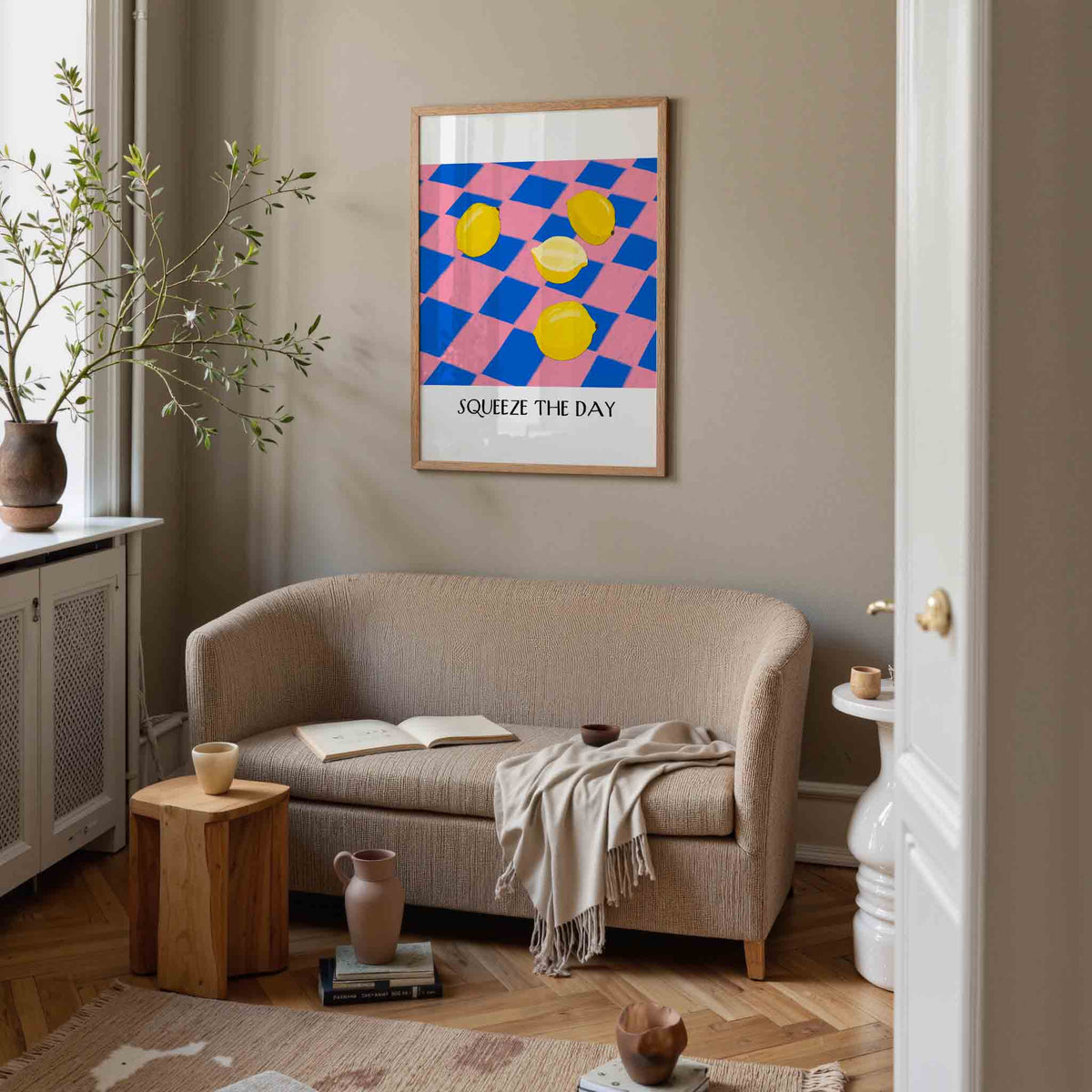 Citroenen op geruit patroon – rustige poster in staand formaat