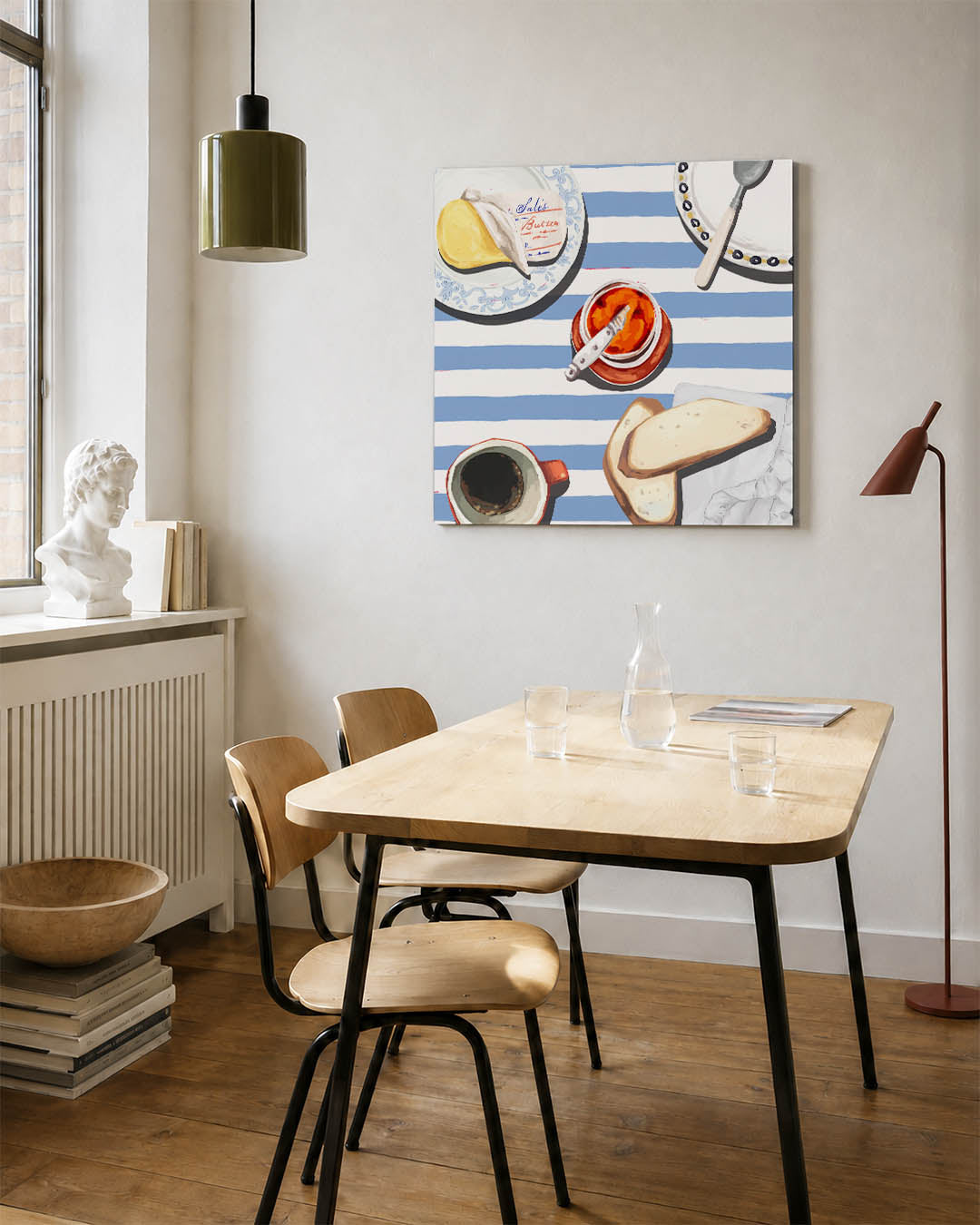 Ontbijt compositie kunstwerk – detailweergave – dit werk toont een tafel met gestreept tafelkleed, boter, jam, brood en een