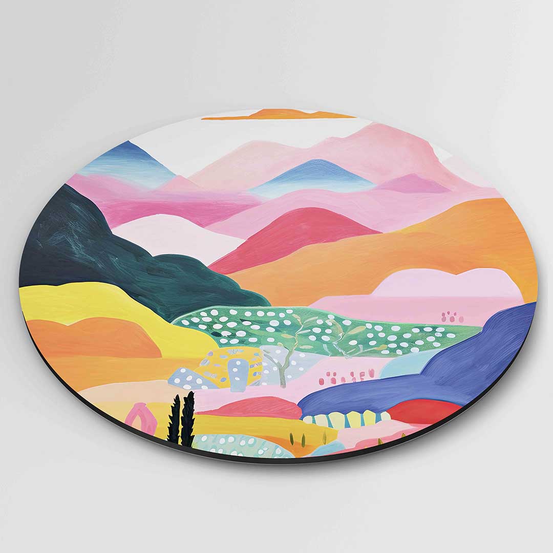 Berglandschap – ronde textuur wanddecoratie van WallArtistic