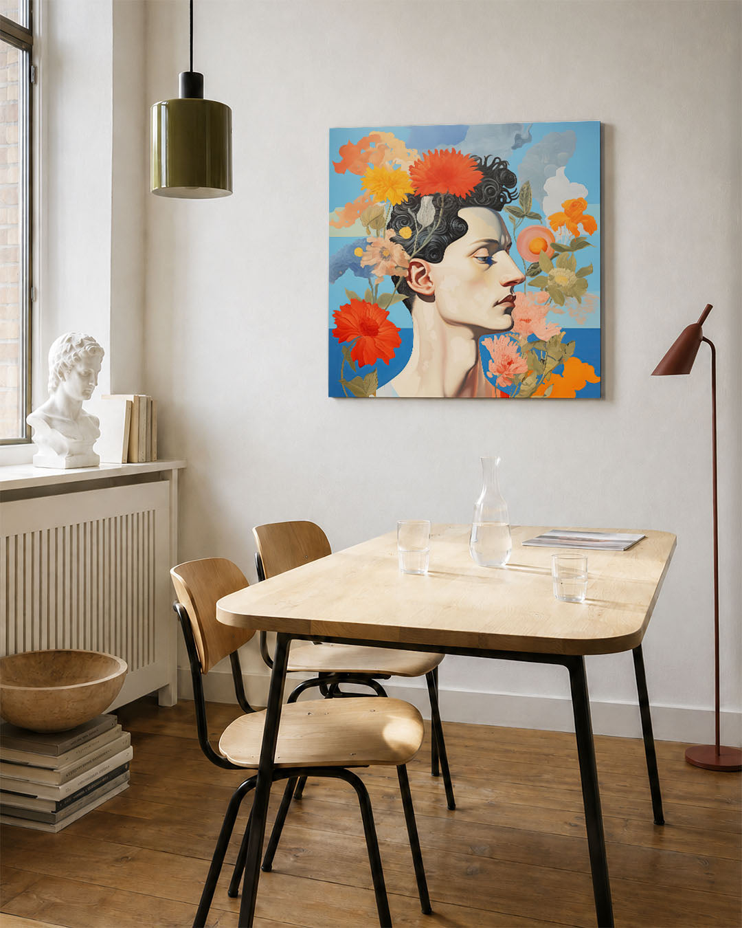 Bloemrijke portret kunstwerk – vierkante wanddecoratie – dit kunstwerk toont een zijaanzicht van een gezicht omringd door