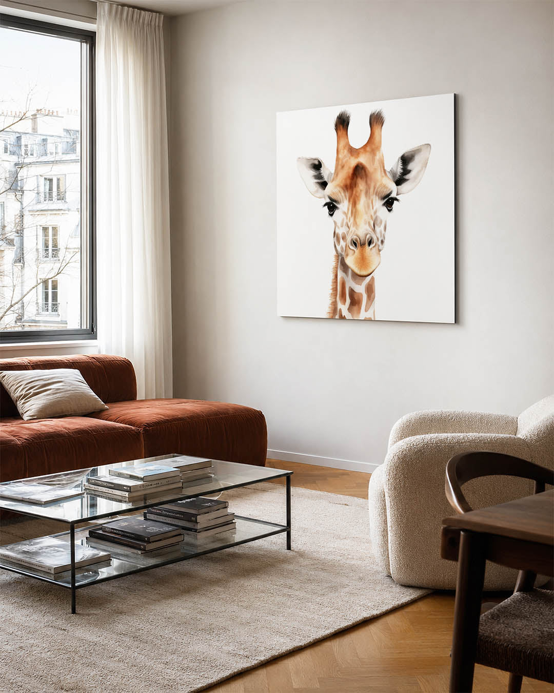Giraffe portret kunstwerk – vierkante wanddecoratie – dit kunstwerk toont een gedetailleerd portret van een giraffe tegen een
