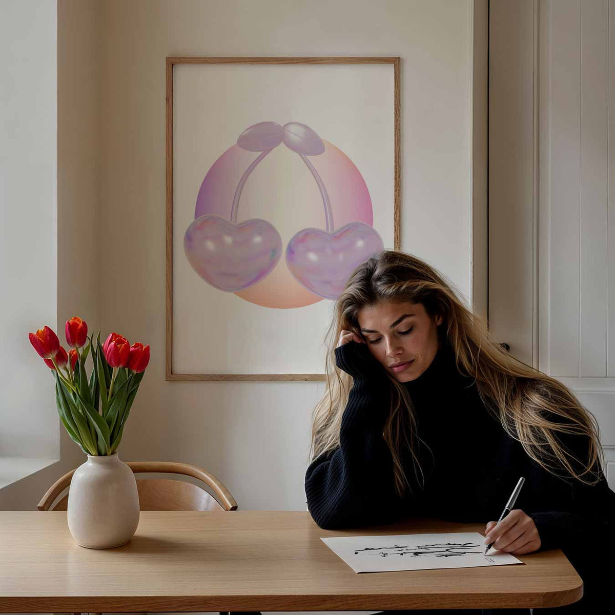 Zachte Pastel Kersen – staande muurposter met zomerse uitstraling