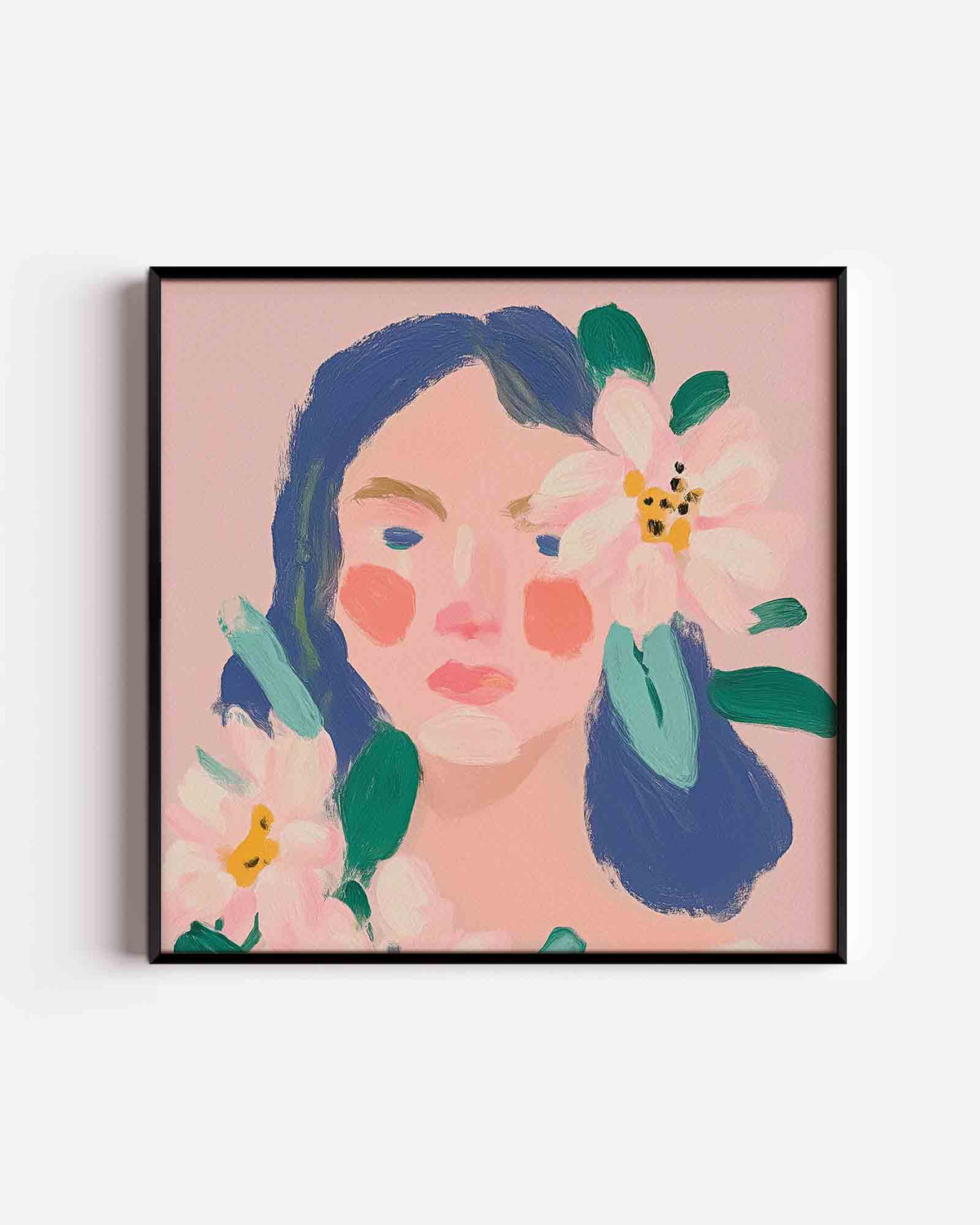 Bloemen en gezicht – vierkante poster met kleur en vormen als wanddecoratie