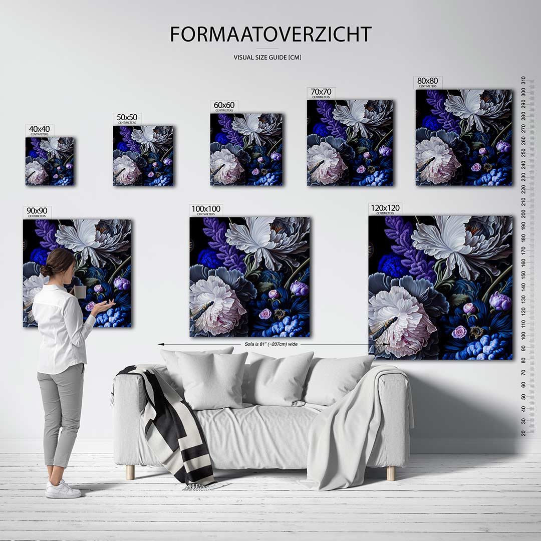 Bloemrijke compositie kunstwerk – dit werk toont een weelderige verzameling bloemen in levendige kleuren, met gedetailleerde