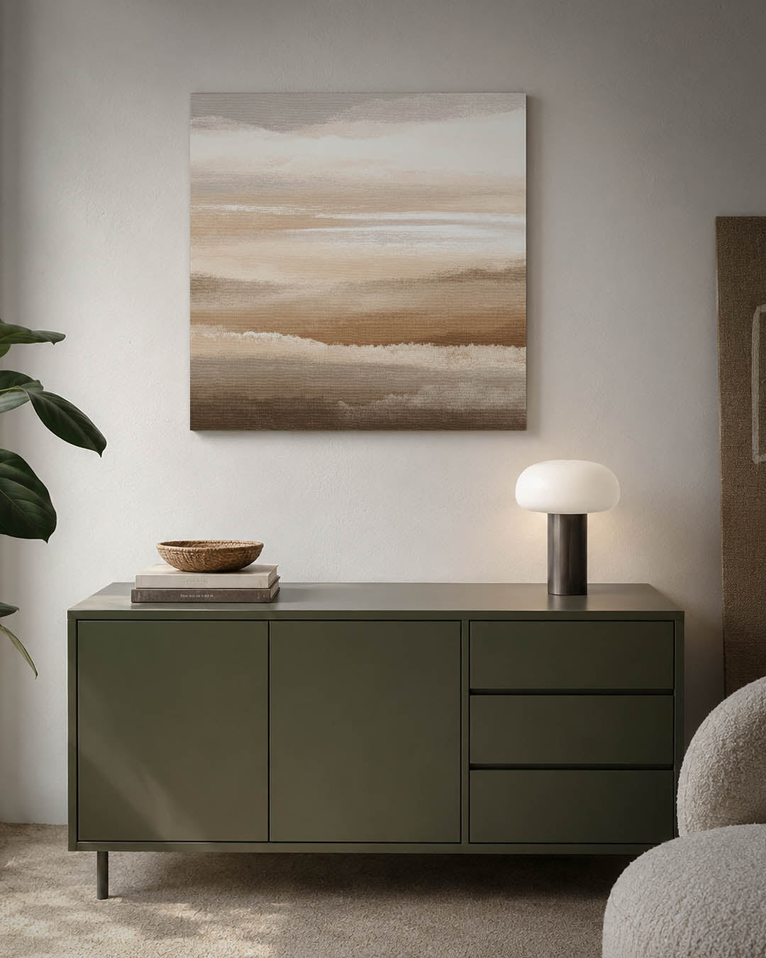 Zachte horizontale lijnen kunstwerk – detailweergave – dit werk toont vloeiende horizontale lijnen in zachte beige en witte