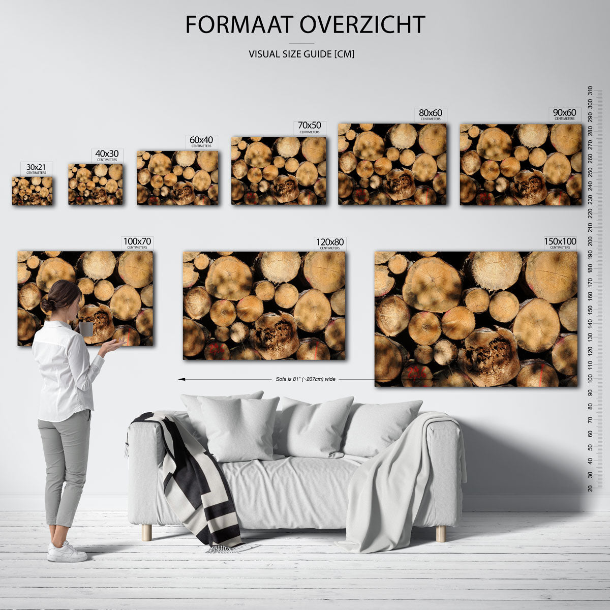 Houtstapel textuur poster – sfeerbeeld – deze poster toont een stapel boomstammen met zichtbare jaarringen en schors. De