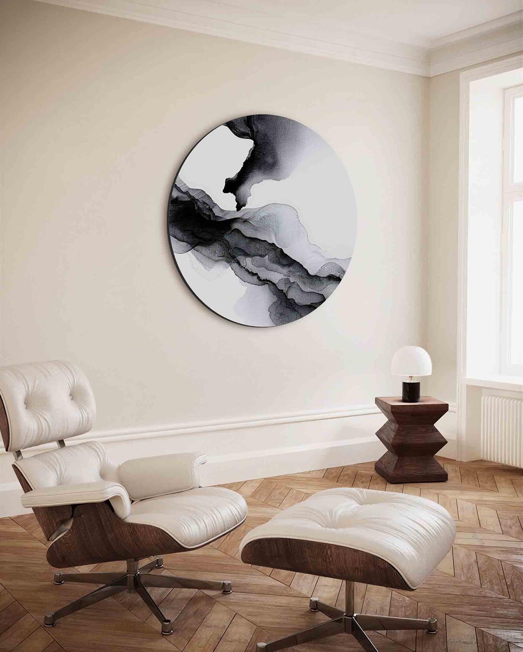 Abstracte lijnen – moderne ronde wanddecoratie met vrouwelijk portret