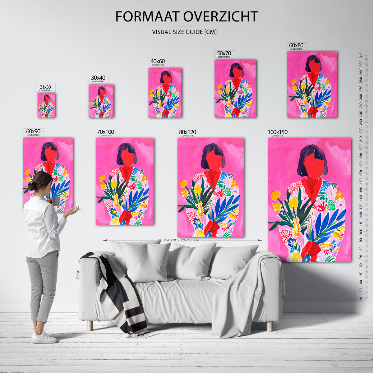 Vrouw met bloemen – staande muurposter met kleurrijke illustratie