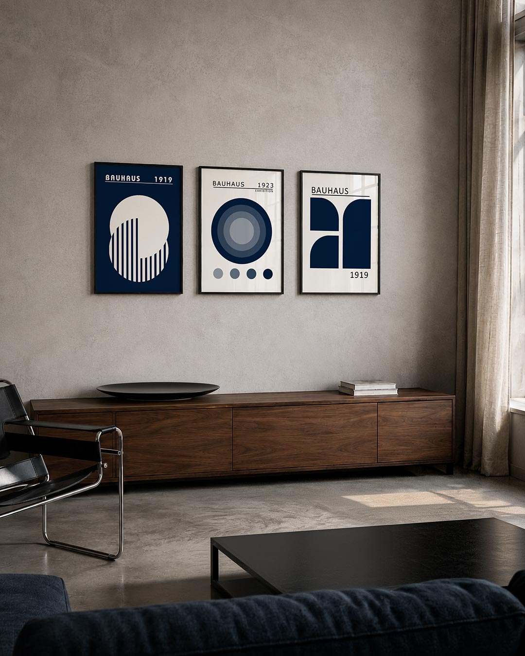 Cirkel en strepen posterset – tweede productweergave – een donkerblauwe achtergrond met een grote witte cirkel. Binnen de
