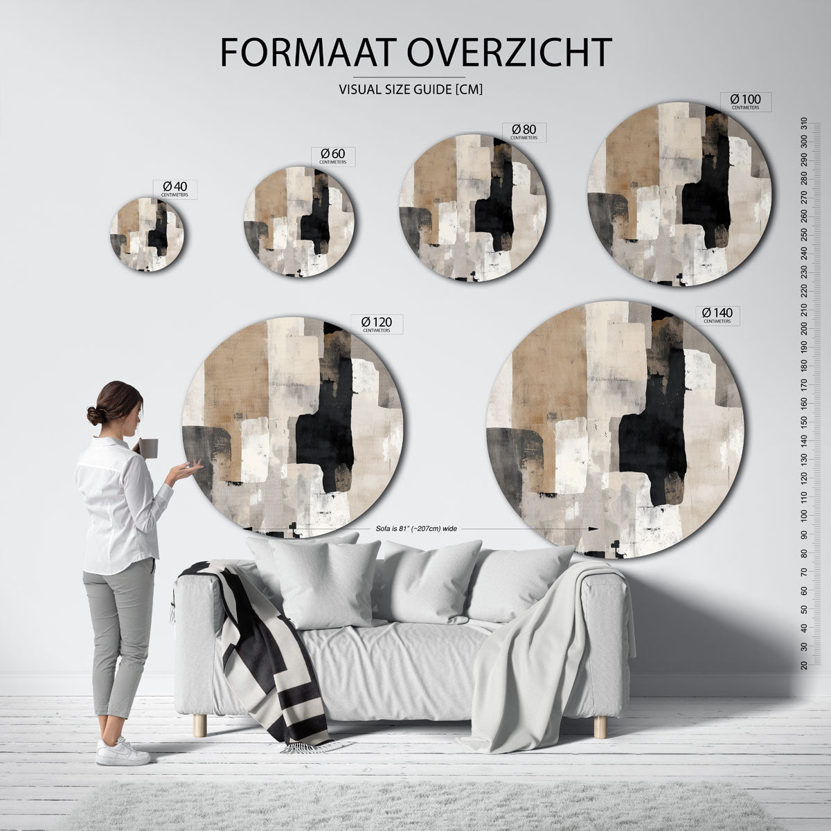 Abstracte vormen – ronde muurdecoratie met vrouwelijk portret