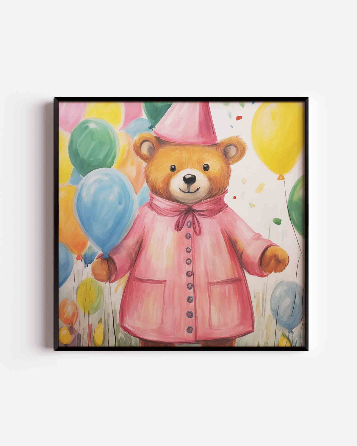 Beer met ballonnen – vierkante kinderposter als wanddecoratie