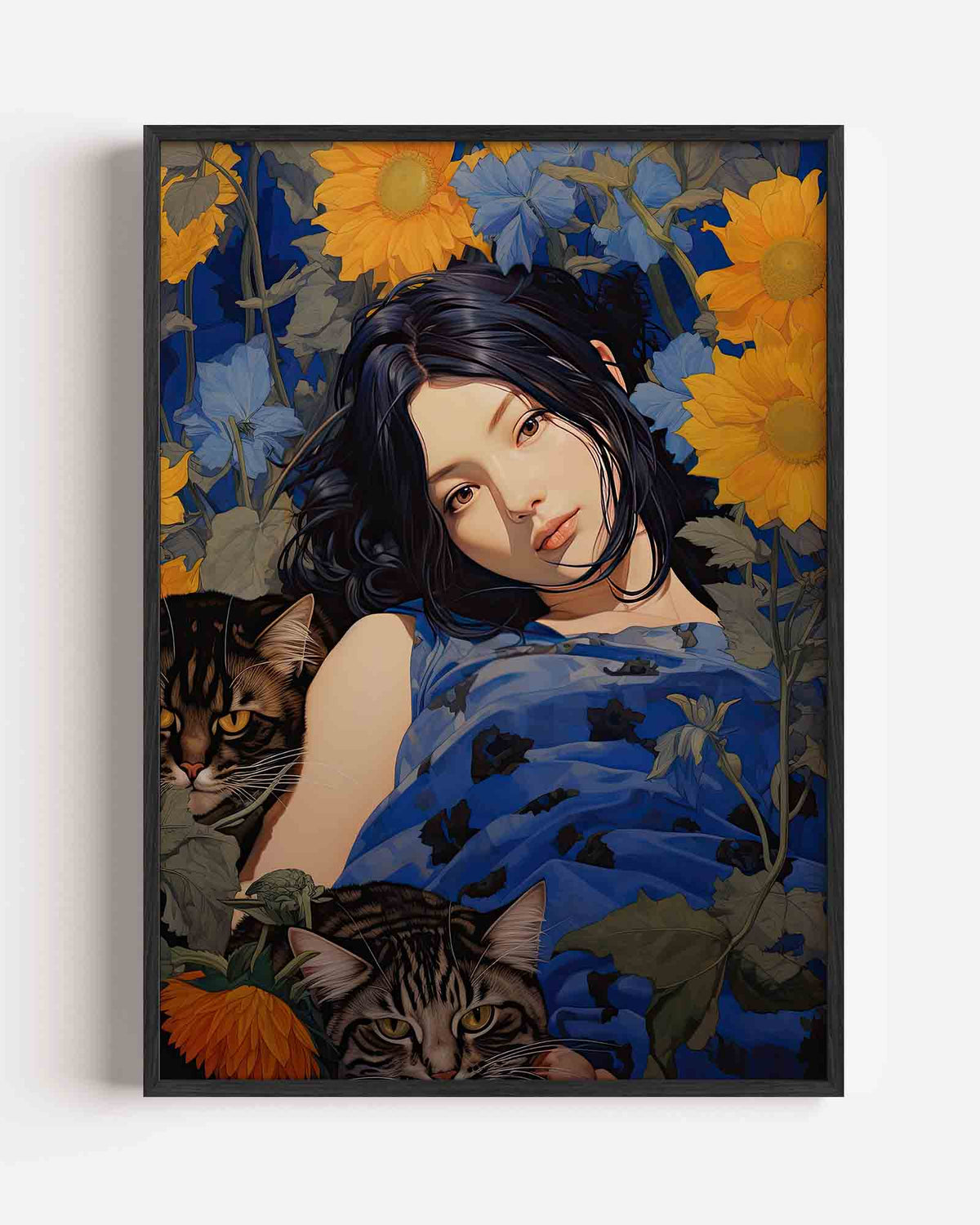 Vrouw met katten en zonnebloemen – kleurrijke illustratie portret poster als wanddecoratie