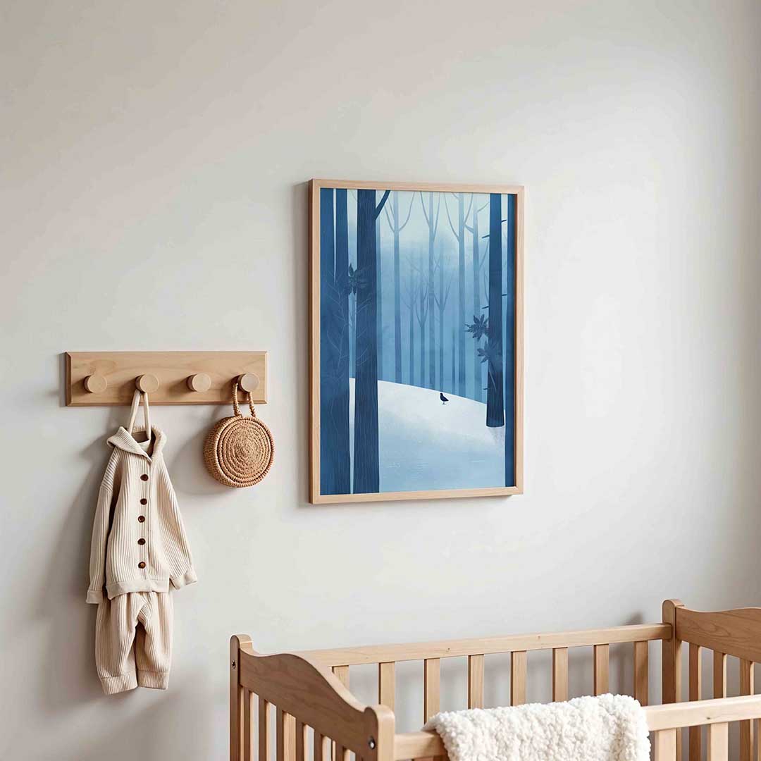 Winterbos met vogel – kinderposter in staand formaat