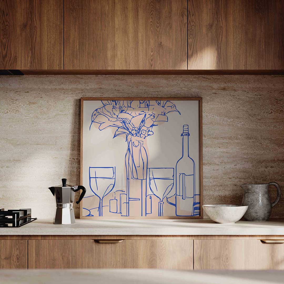 Bloemen en wijn – culinaire wandkunst als vierkante poster