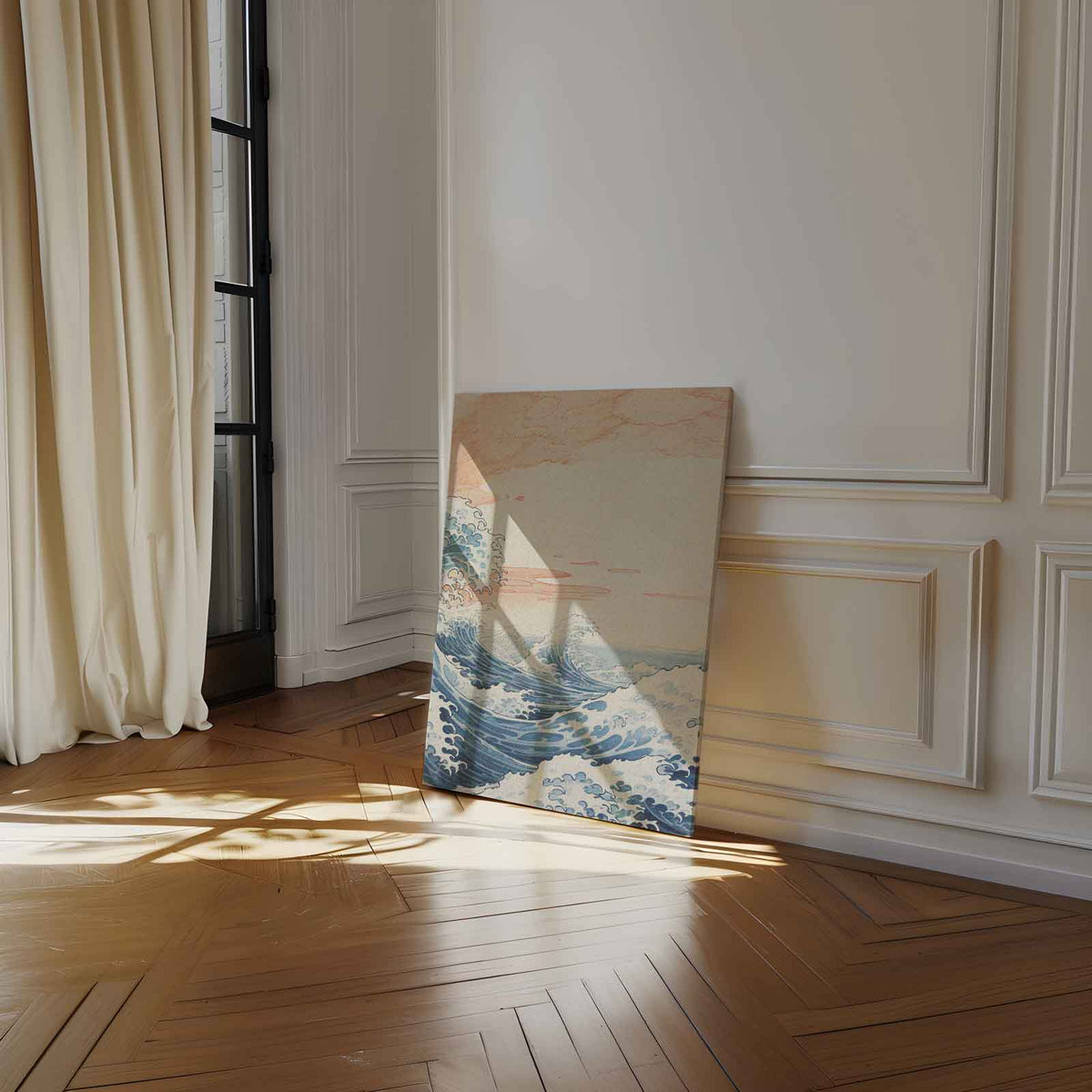 Dynamische Zeegolven Onder een Perzikkleurige Hemel – dibond kunstwerk als wanddecoratie