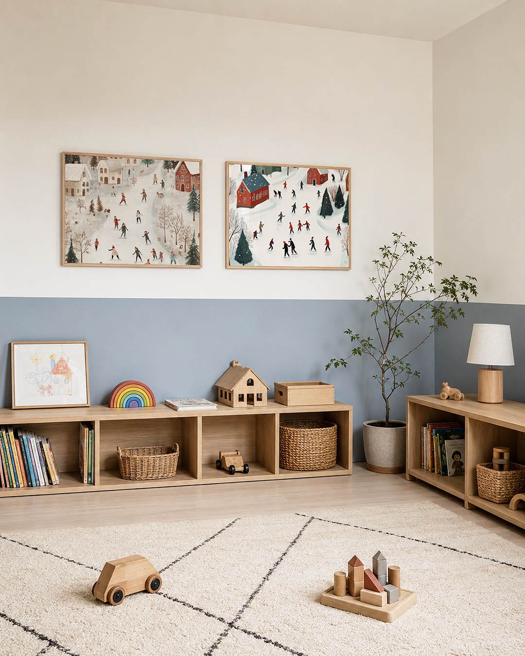 Tweedelige posterset met een wintertafereel met schaatsende figuren op een kronkelende ijsbaan, getoond in een interieur