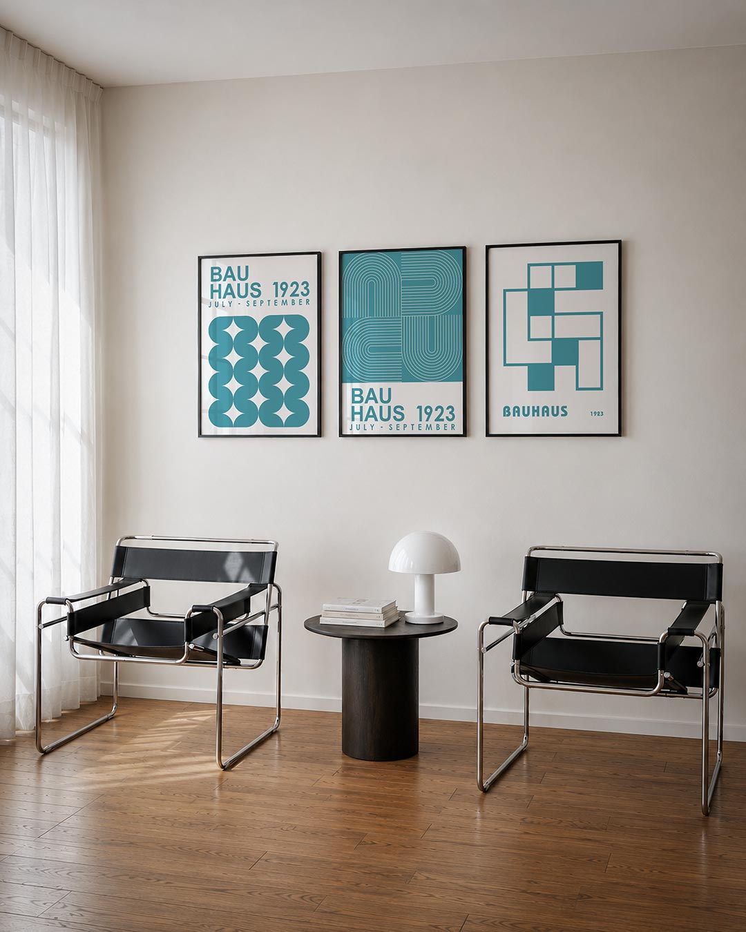 Vorm en ritme posterset – derde productweergave – deze posterset in drie delen toont een speelse herhaling van blauwe halve