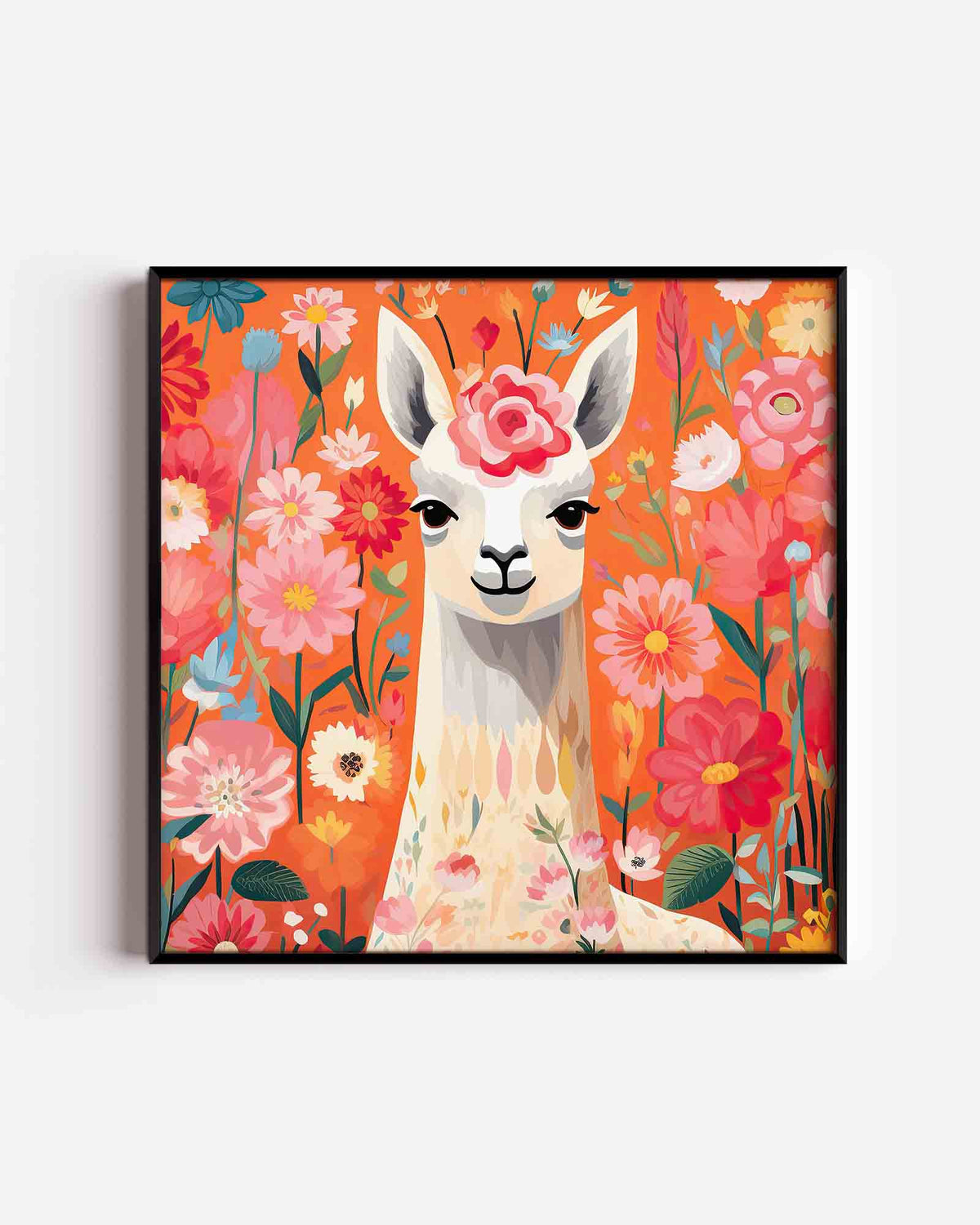 Lama tussen bloemen – vierkante kinderposter als wanddecoratie