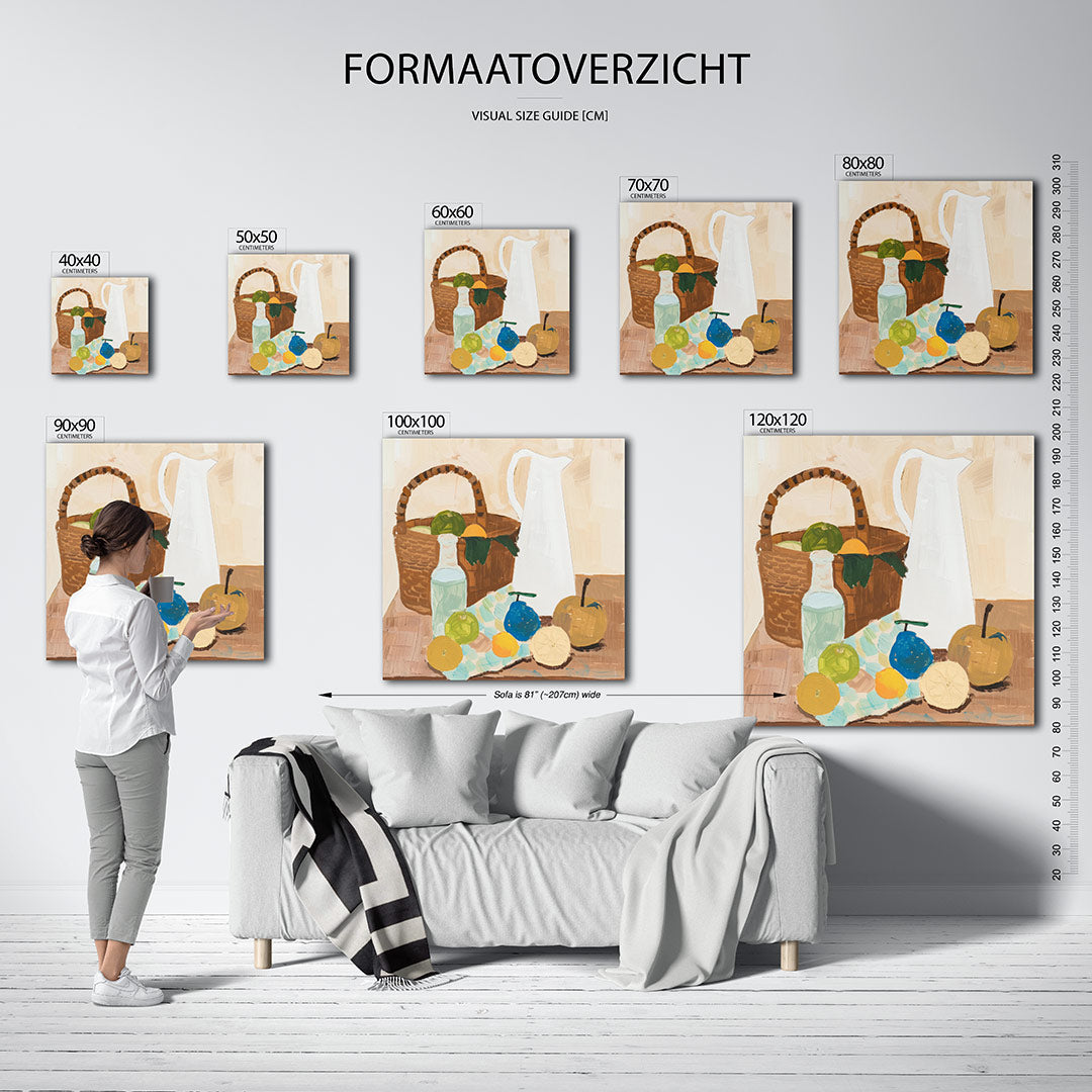 Fruit en mand kunstwerk – materiaalweergave – dit werk toont een stilleven met een mand, fruit en een karaf. De kleuren zijn