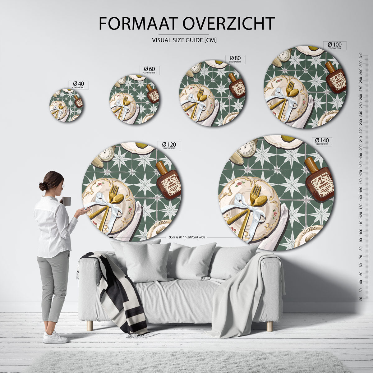 Gedekte tafel met klok – abstracte wandkunst als muurcirkel van WallArtistic
