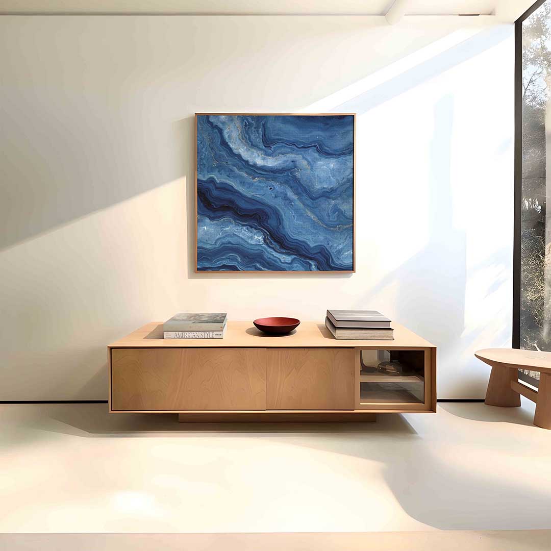 Blauwe marmerstructuur – vierkante abstracte wanddecoratie van WallArtistic