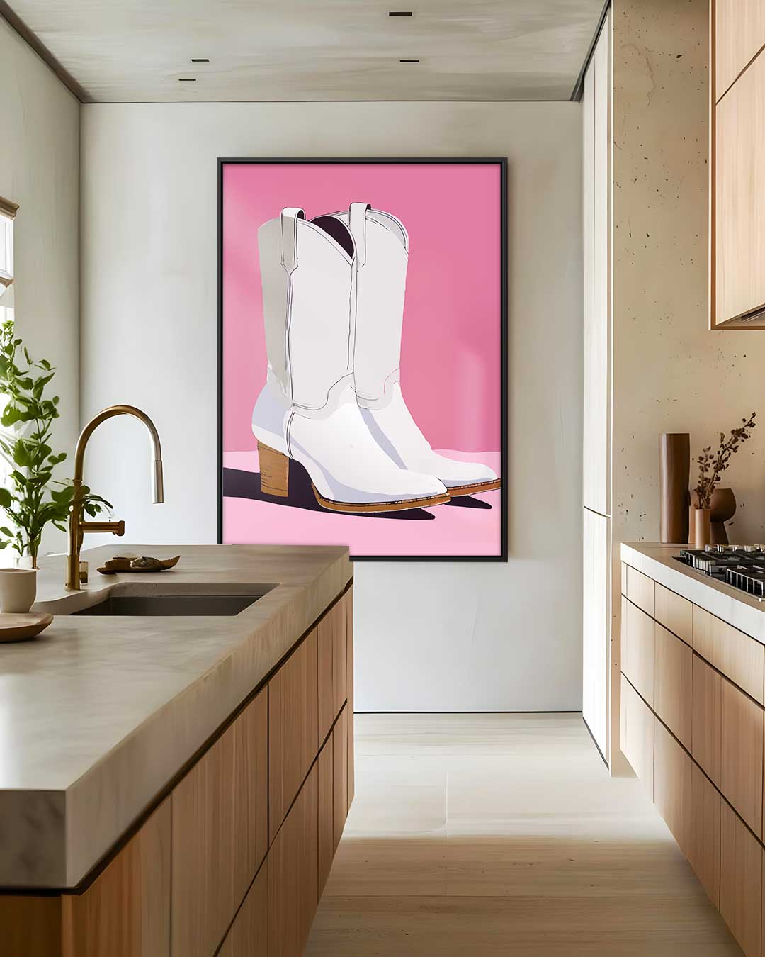 Cowboylaarzen op Roze – kunstwerk met zwarte baklijst