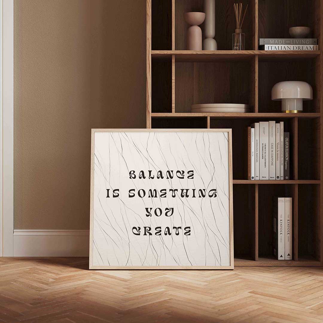 Balance tekst – vierkante wanddecoratie met kleur en vorm van WallArtistic