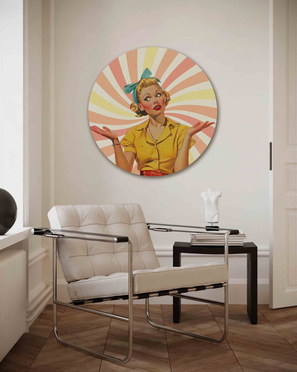 Vrouw met hoofdband – Pop Art muurcirkel als ronde wanddecoratie