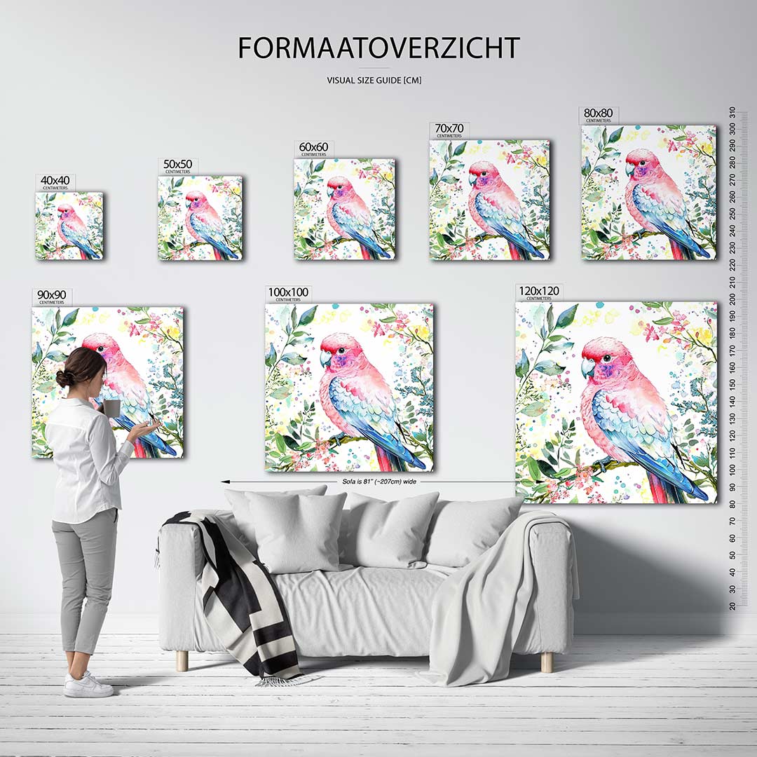 Vrolijke vogel illustratie kunstwerk – dit werk toont een kleurrijke vogel omringd door bladeren en bloemen. De levendige
