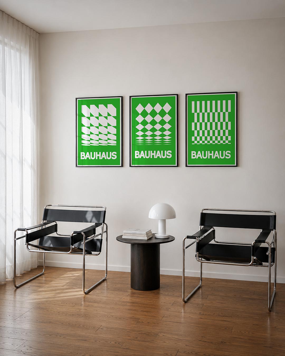 Groene vlakkenritme posterset – tweede productweergave – deze posterset in drie delen toont een levendig spel van witte en
