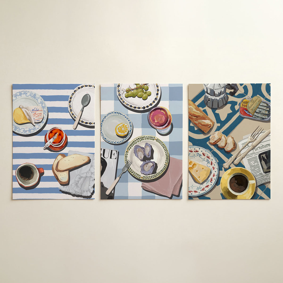 Ontbijt op strepen driedelige posterset in interieur