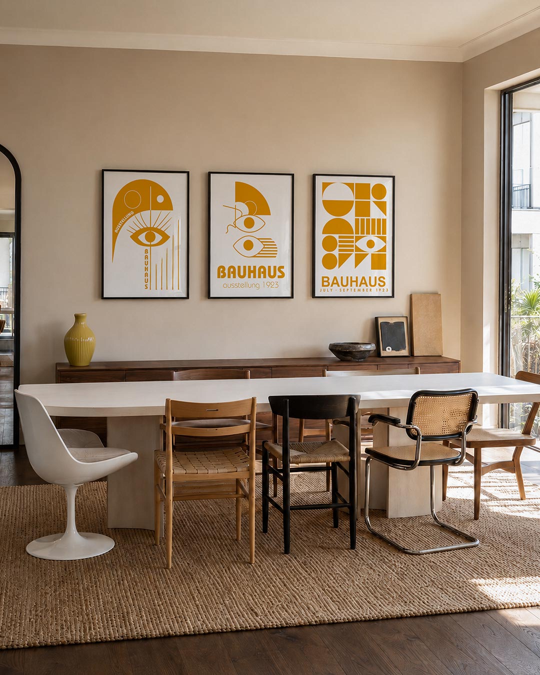 Oog en lijnen driedelige posterset – deze posterset in drie delen toont een opvallend oog centraal, omringd door strakke