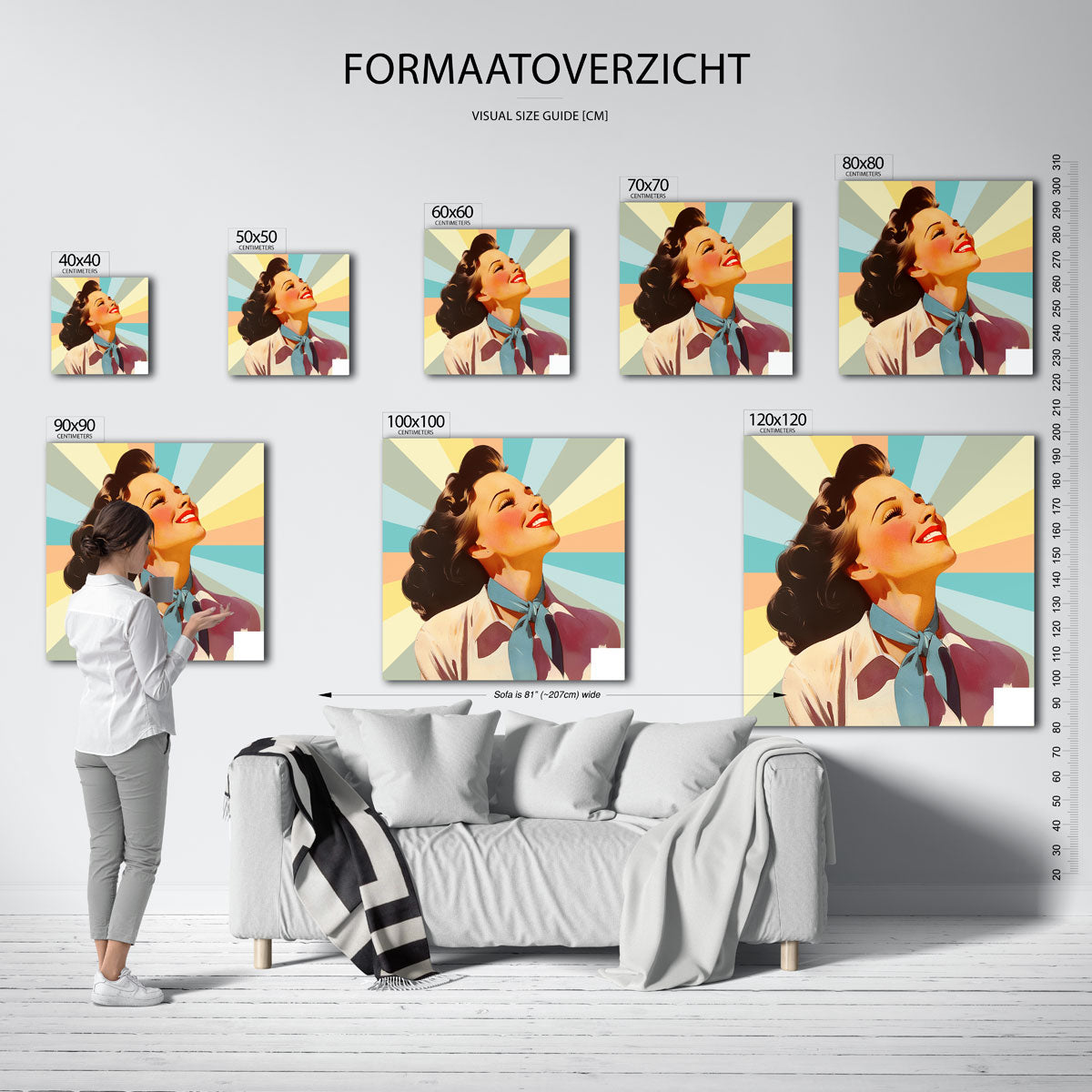Lachende vrouw – kleurrijke vierkante muurposter in Pop Art stijl