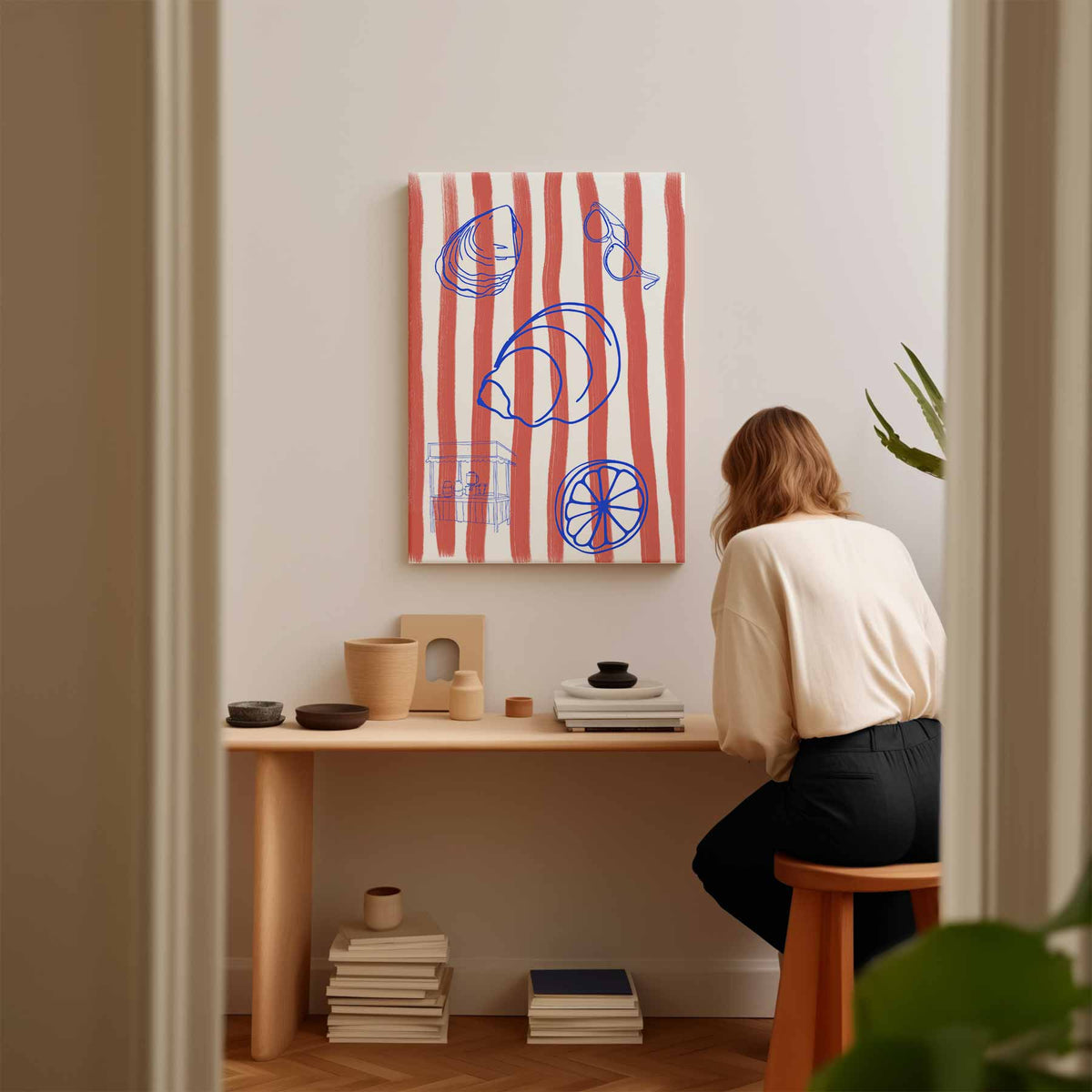 Zomerstrepen en Strandvibes – staand kunstwerk voor modern interieur