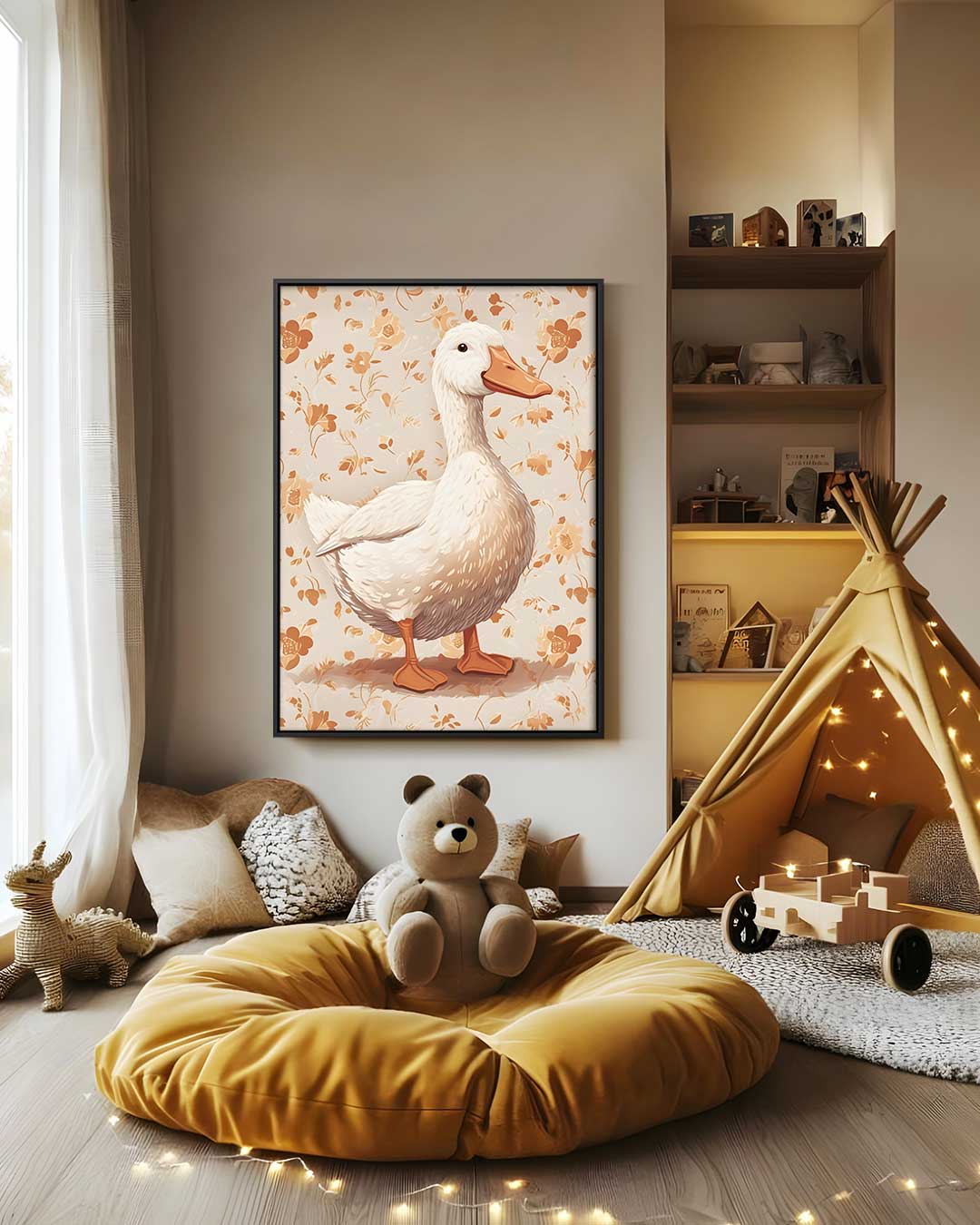 Vrolijke Eend Op Bloemenachtergrond – staand kunstwerk voor modern interieur