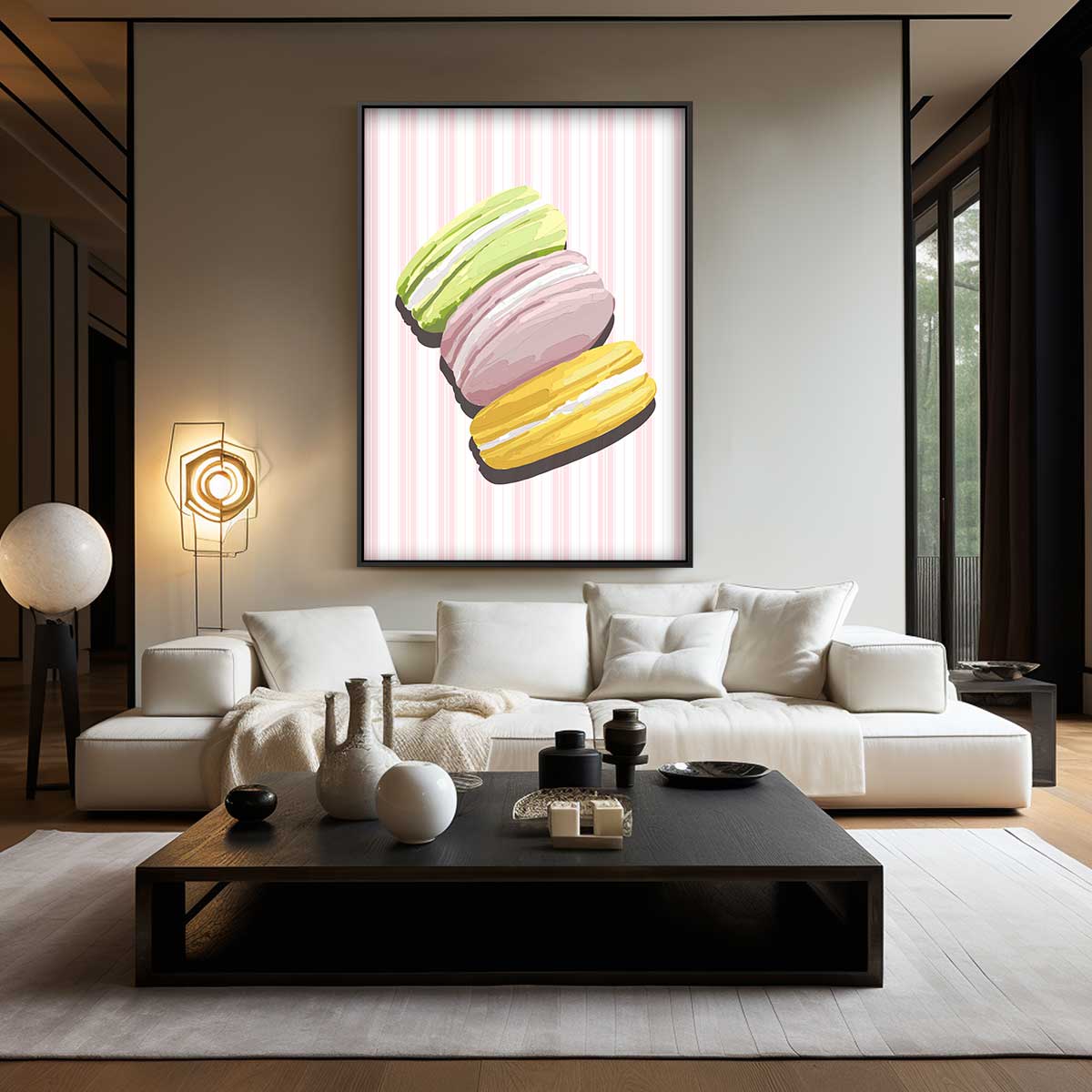 Kleurrijke Macaron Illusie – kunstwerk met zwarte baklijst