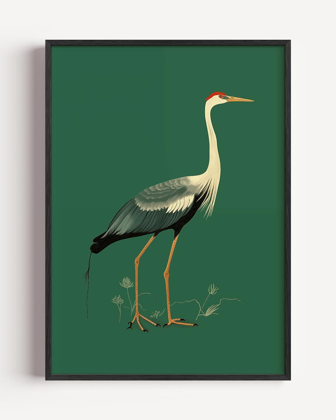 Elegante Kraanvogel op Groene Achtergrond – dieren portret poster als wanddecoratie