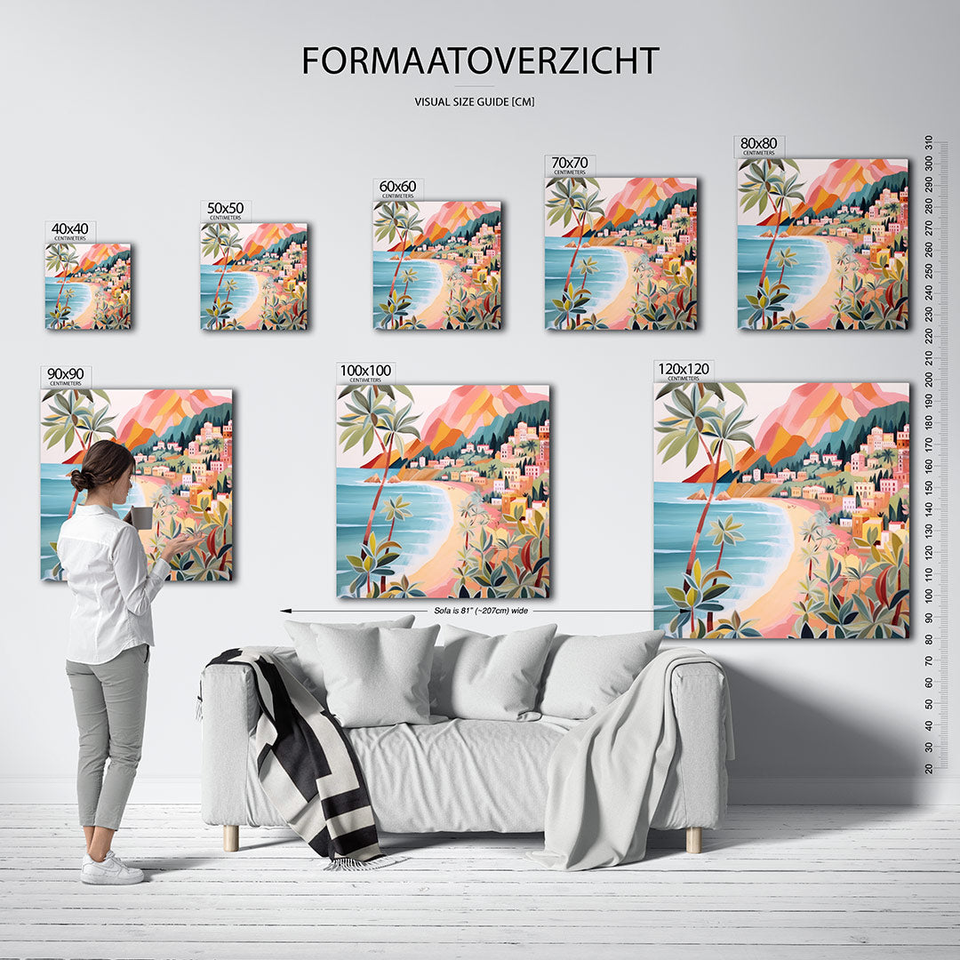 Kleurrijke kustlijn kunstwerk – sfeerbeeld – dit werk toont een levendige kustlijn met kleurrijke gebouwen en weelderige
