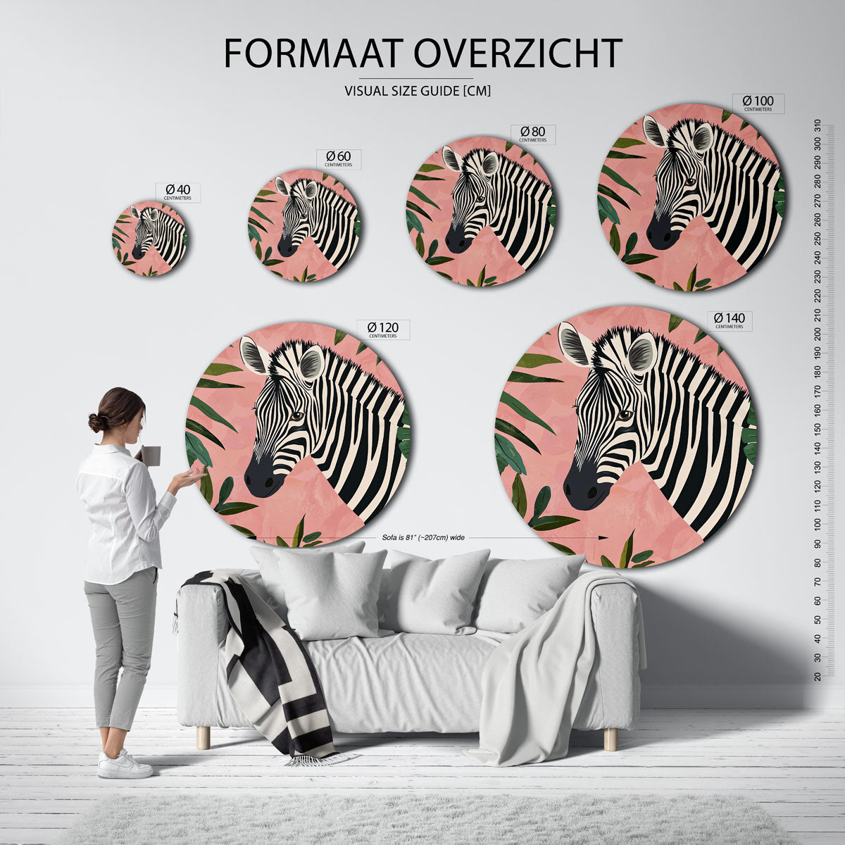 Zebra en bladeren – ronde muurcirkel met kleurrijke illustratie