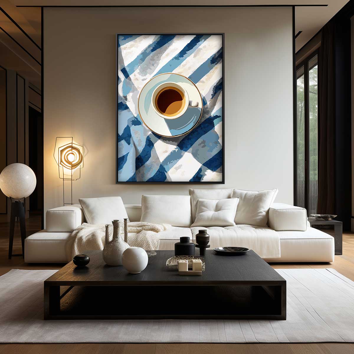 Koffiekopje op Blauw-Wit Doek – kunstwerk met zwarte baklijst