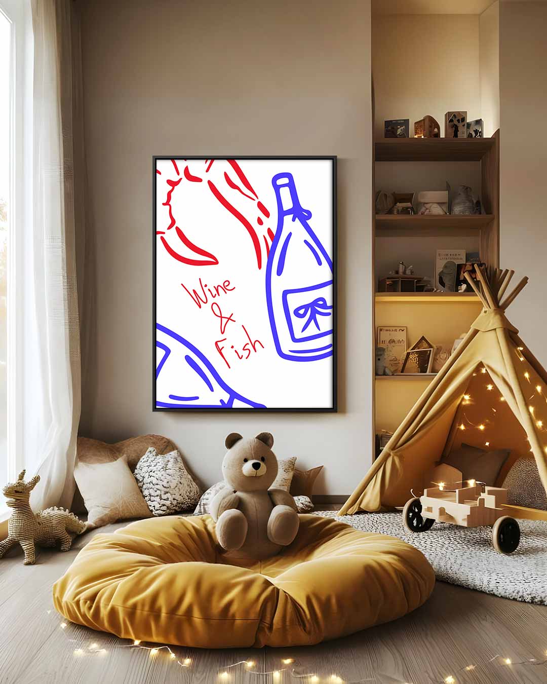 Wijn en Vis Illustratie – modern portret kunstwerk van WallArtistic