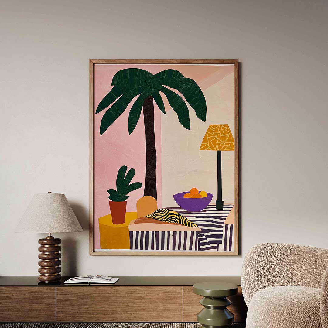 Palmboom en fruitschaal – tropische jungle poster in staand formaat