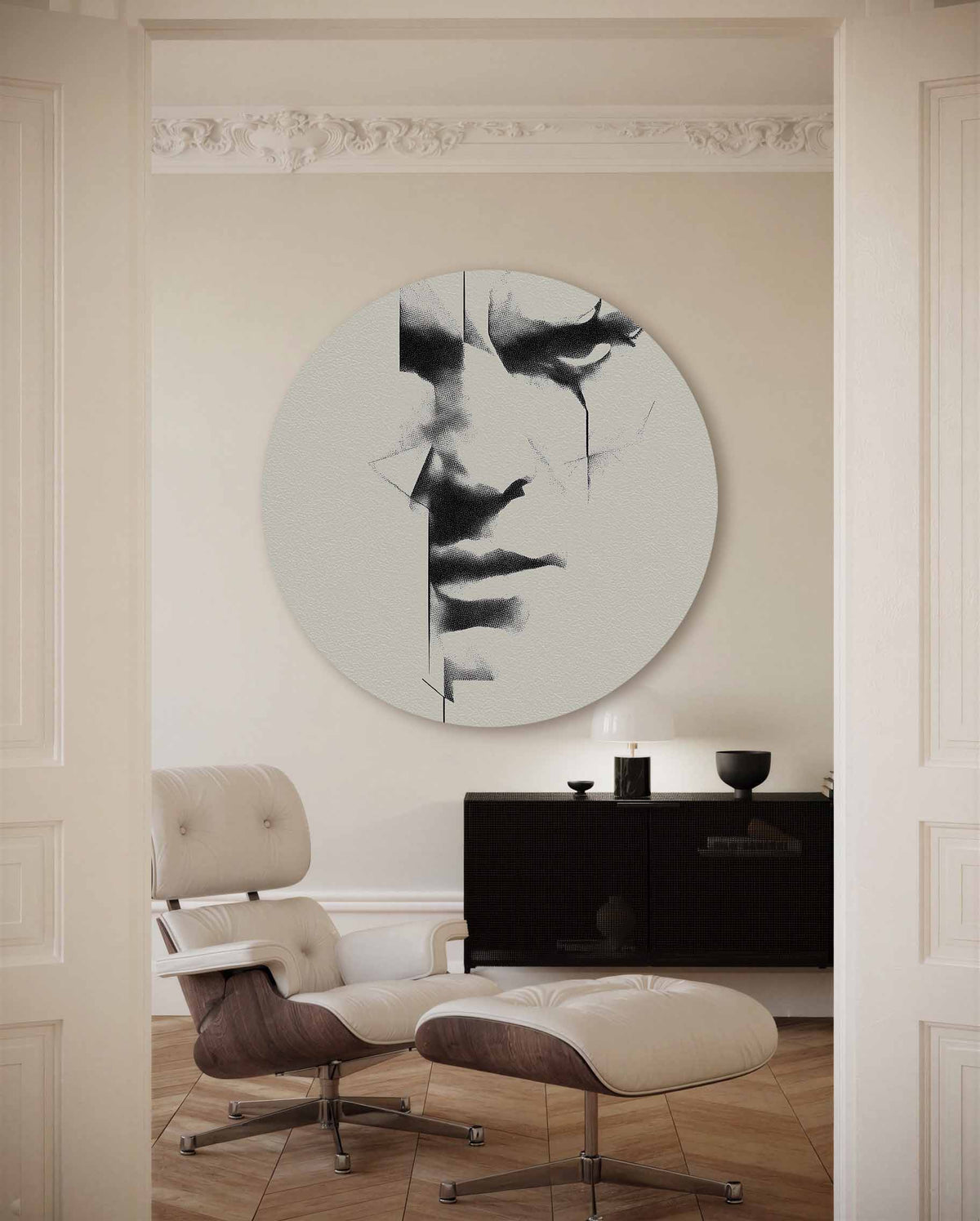Abstracte gezichtsfragmenten – portret muurcirkel als ronde muurdecoratie