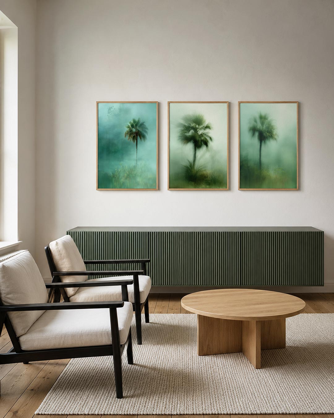 Mistige palm posterset – tweede productweergave – een eenzame palmboom staat centraal in een zee van zachte,