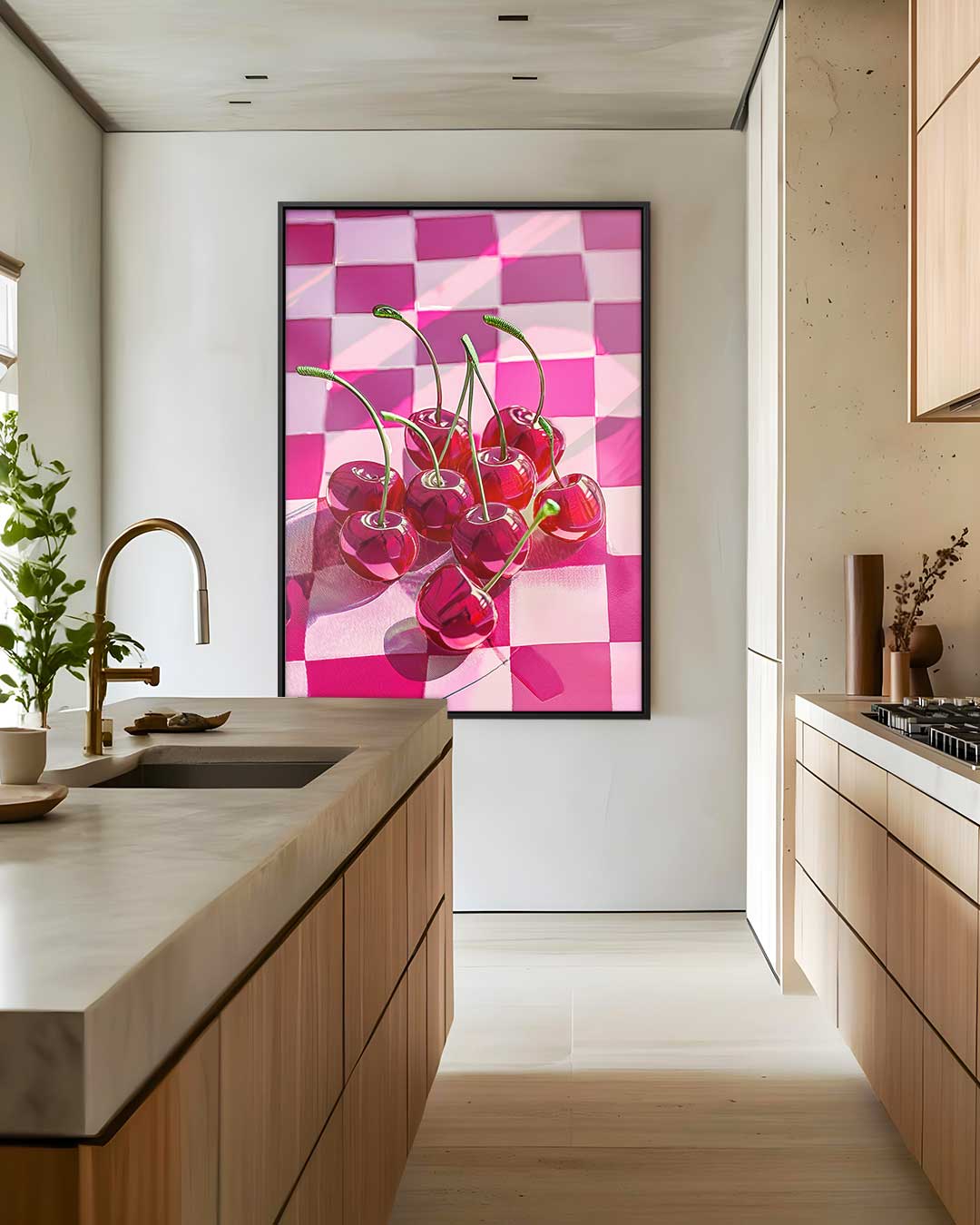 Kersenrood Checkered Delight – staand kunstwerk voor modern interieur