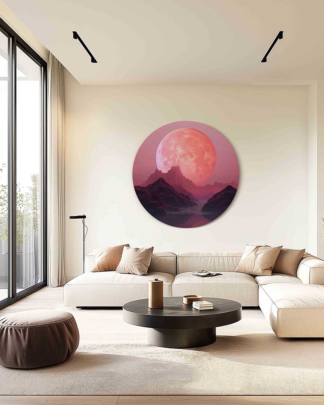 Roze maanlandschap – kleurrijke illustratie muurcirkel als wanddecoratie