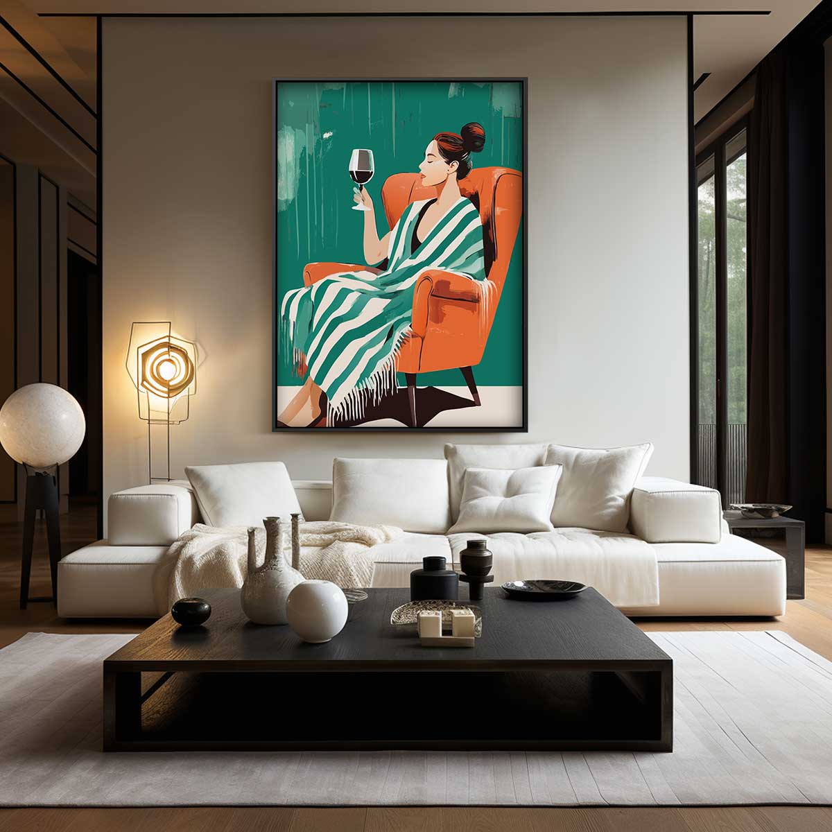 Ontspanning met Wijn – modern portret kunstwerk van WallArtistic